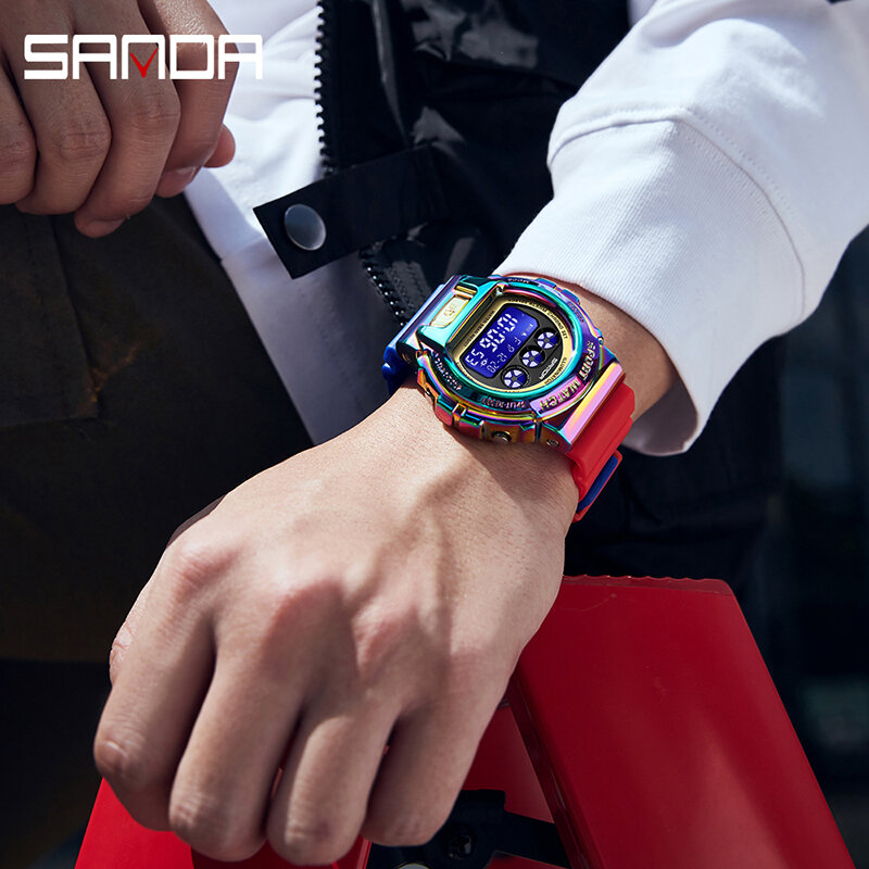 SANDA-relojes deportivos militares para hombre, pulsera electrónica de acero inoxidable, resistente al agua, Digital, LED