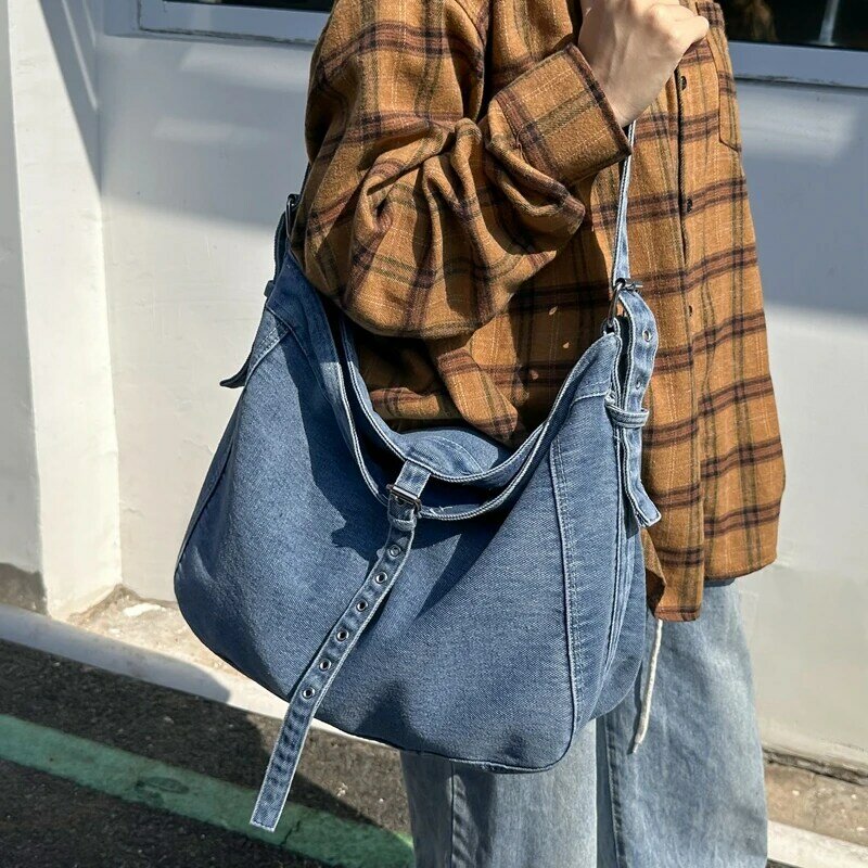Bolsa jeans de grande capacidade, bolsa tiracolo feminina, bolsa de ombro único, casual, bolsa de compras retrô, estilo rua, moda