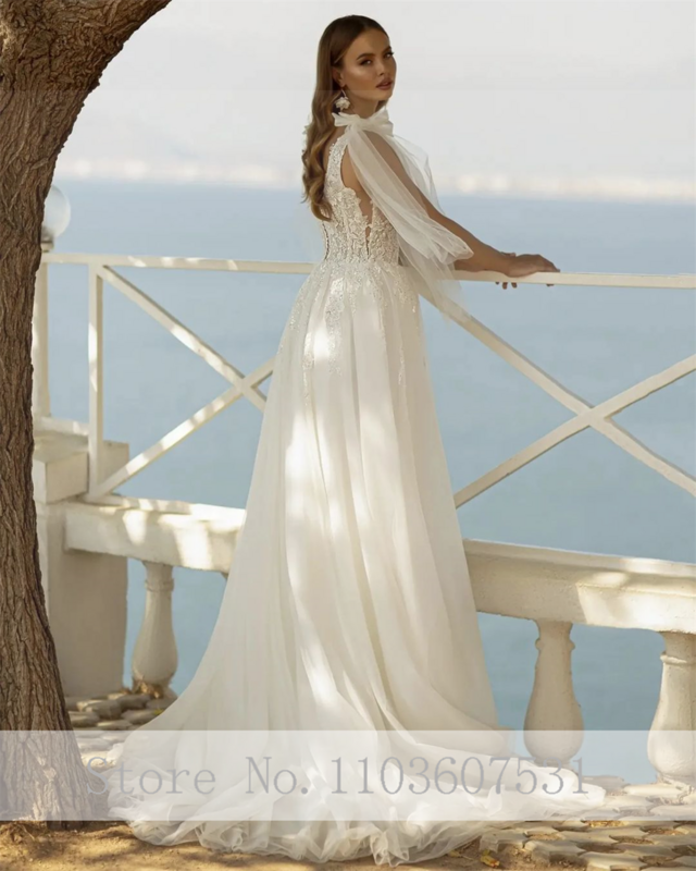 Elegante tiefe V-Ausschnitt Applikationen Spitze Tüll Brautkleid für Frauen rücken freie Bogen Illusion A-Linie Hochzeits feier Kleid mit Zug