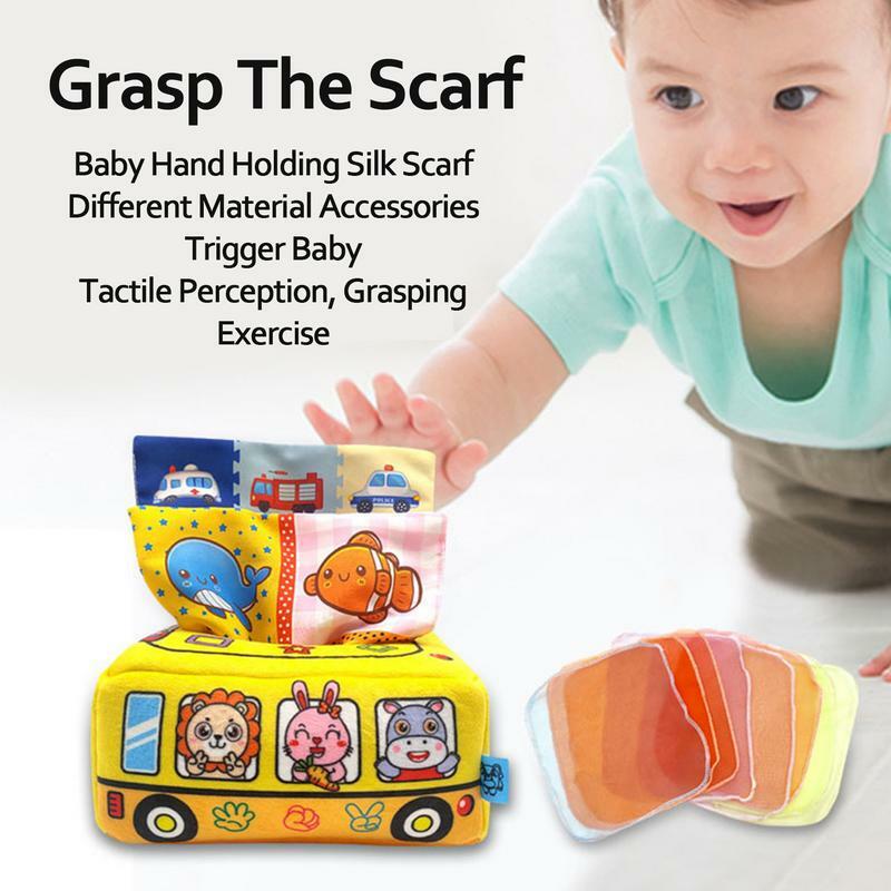 Scatola di fazzoletti giocattolo per bambini 6-12 mesi sciarpe di seta sensoriali increspate ad alto contrasto giocattoli apprendimento precoce stelo educazione Montessori