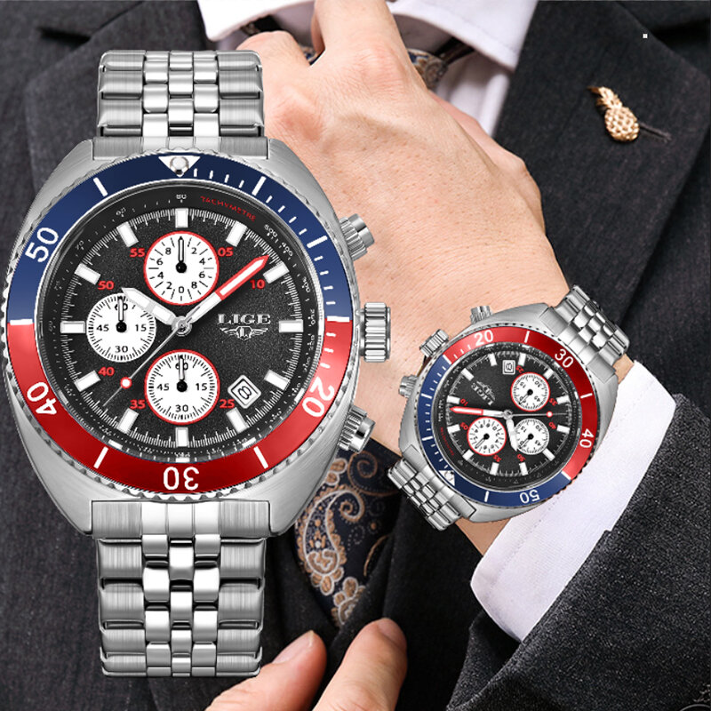 Часы наручные LIGE Мужские кварцевые, брендовые Оригинальные спортивные полностью стальные водонепроницаемые с хронографом