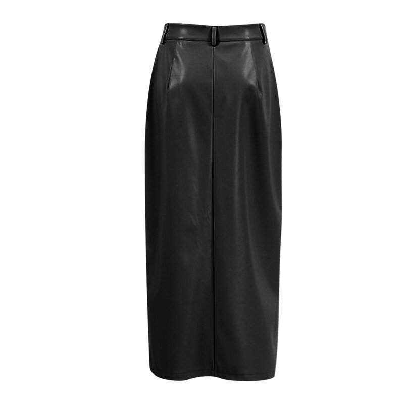Light Khaki PU Skirts Women Elegant Spring 2024 Faux Leather Slit Straight Skirts Office Ladies Classy Black Skirts