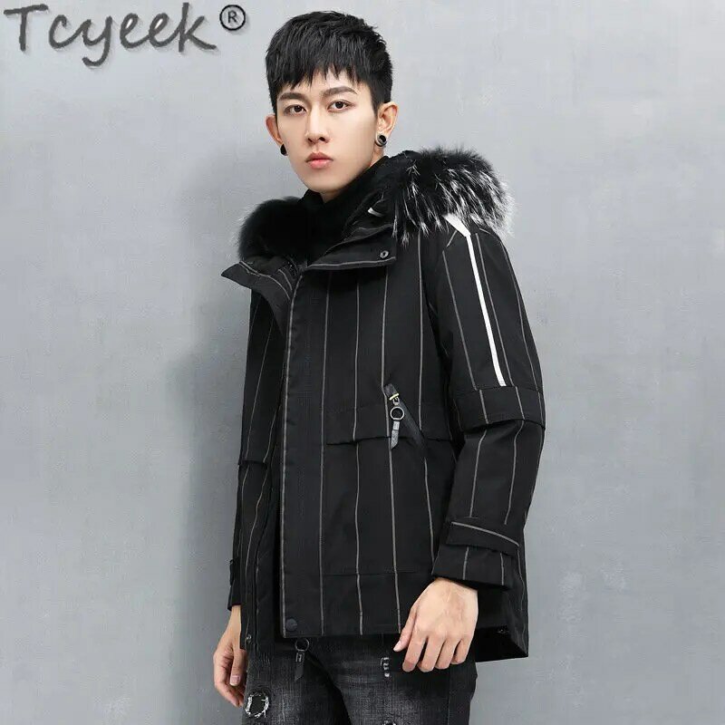 Tcyeek-メンズ本物の毛皮のジャケット,カジュアルなウサギの毛皮の裏地,アライグマの髪,ファッション2023,冬