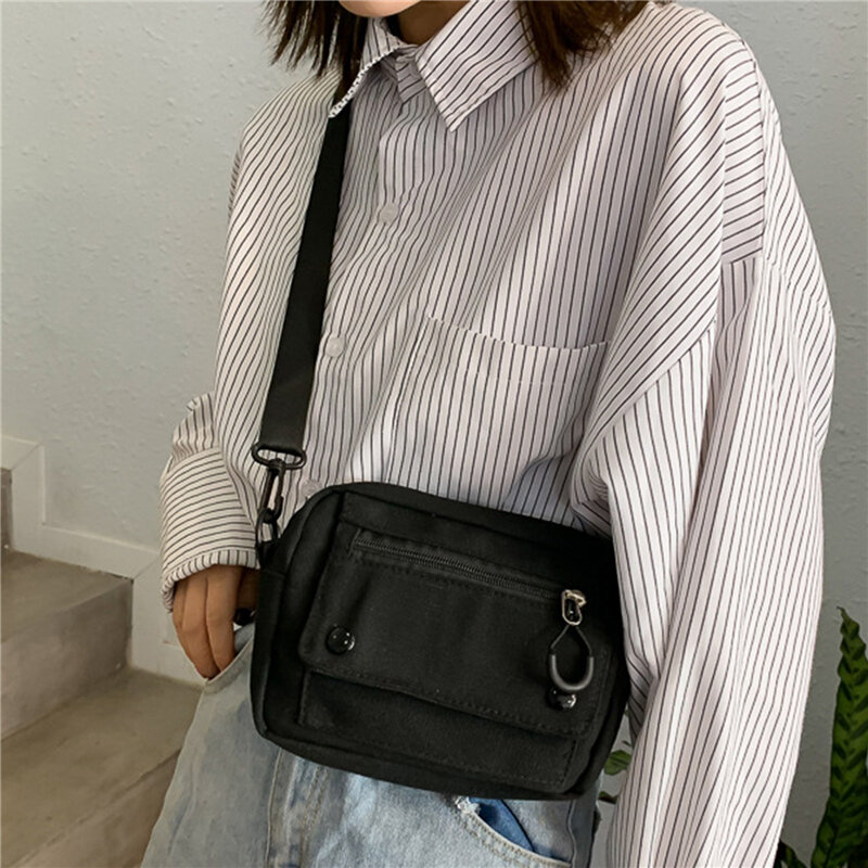 Bolsa tiracolo de lona pequena para senhoras, bolsa de ombro casual com zíper para mulheres, mini bolsa de estudante, celular simples, coreana