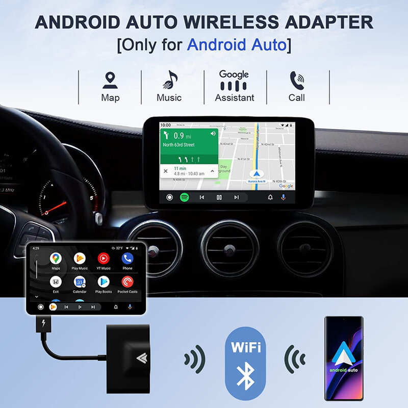 Draadloze Android Auto Adapter, 2024 Upgrade 5Ghz Wifi Android Auto Dongle Voor Het Omzetten Van Fabriek Bedrade Android Auto Naar Draadloze