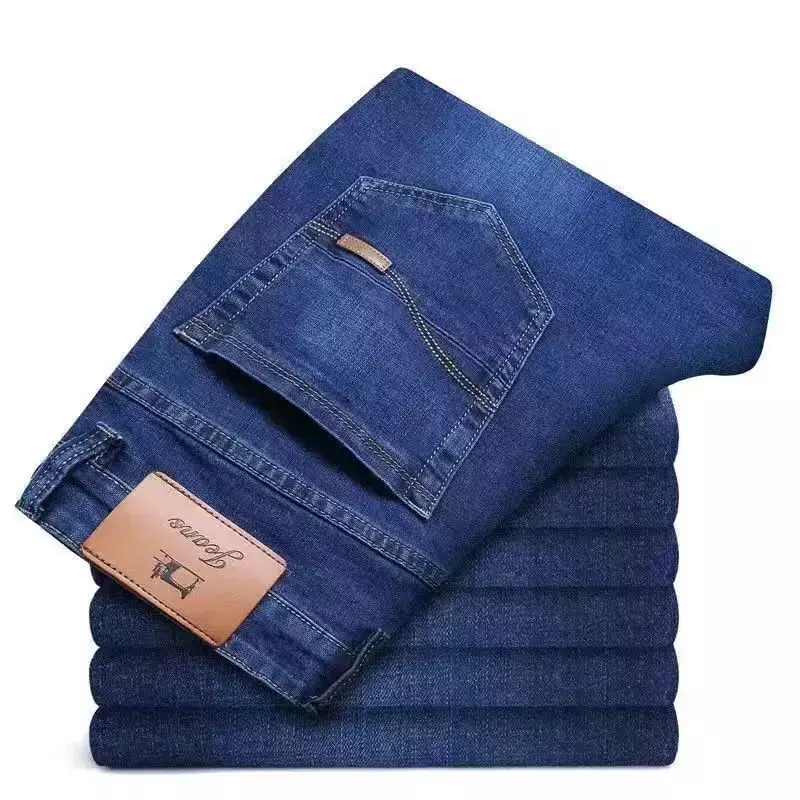 Celana panjang hangat pria, Jeans bulu hangat modis bisnis Retro klasik untuk musim gugur dan dingin