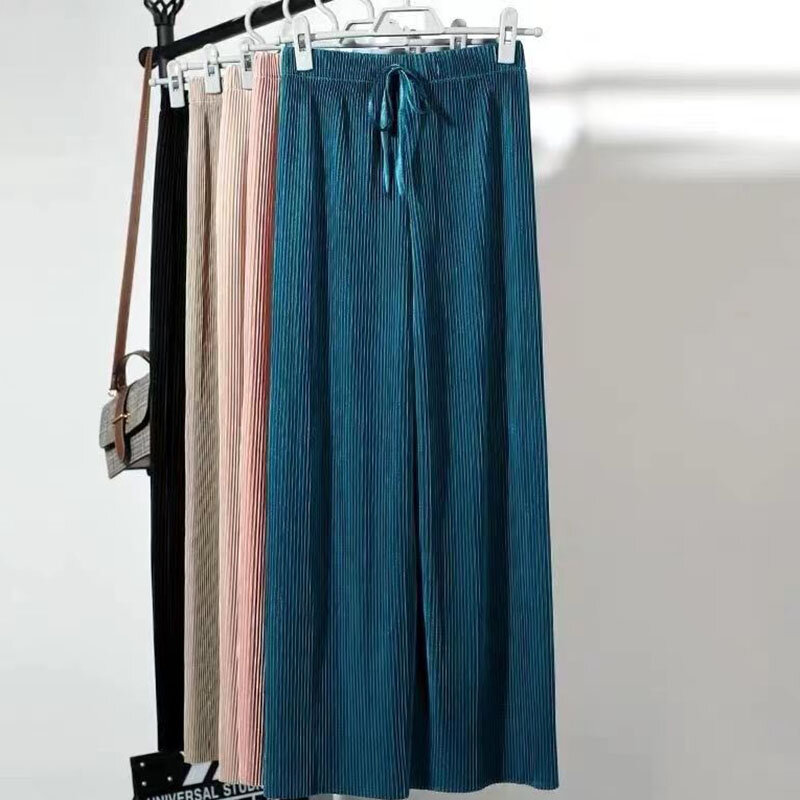 Pantalones de pierna ancha para mujer, pantalón informal elástico de cintura alta, largo, holgado, plisado, para verano, 2022