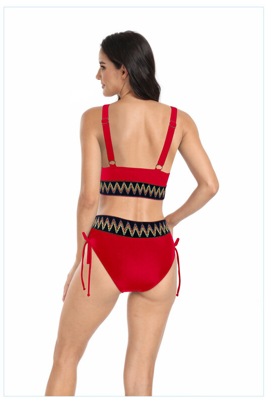 New European and American fashion swimsuit split women's high-waisted ribbon stitching rope sexy bikini