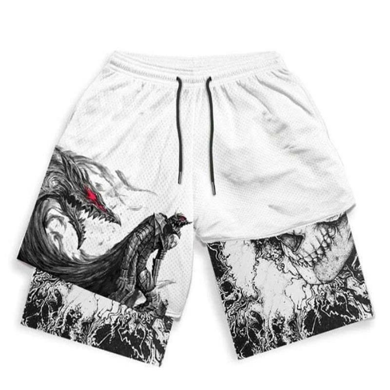Anime Berserk Running Shorts Men Fitness Gym Training 2 in 1 Sports Shorts Quick Dry Workout Jogging Double Deck Summer