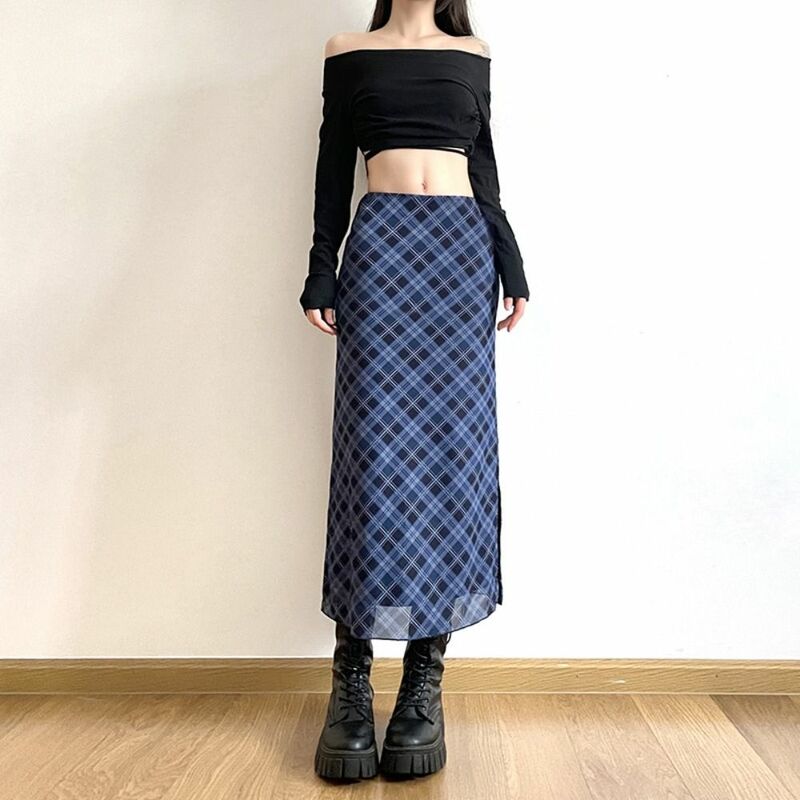 Y2k Pencil Skirt Preppy Style Slim Fit Plaid Print Wrap Skirt Chic Slit Straight Skirt