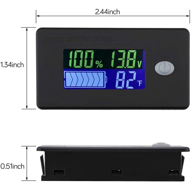 3x Batterij Capaciteit Monitor,10-100V Batterij Meter, 12V 24V 48V Percentage Spanning Fahrenheit Temperatuur Indicator Meter