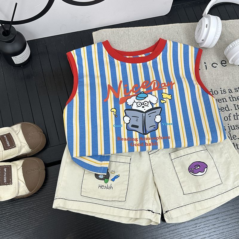 Children's Set 2024 Baby Summer Sleeveless New Boys Tank Top and Shorts Two piece Set for Baby Outwear Summer