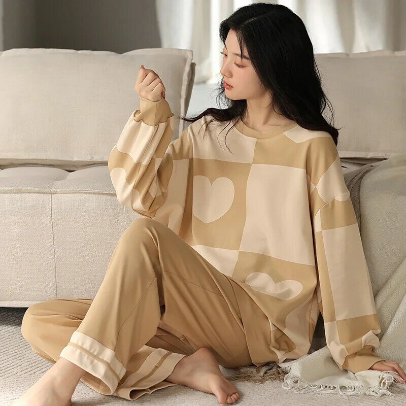 Koreańska moda nocna damska jesienna wiosna sweter z długim rękawem bawełniana bielizna nocna damska młodzieżowa piżama zestaw piżam Mujer