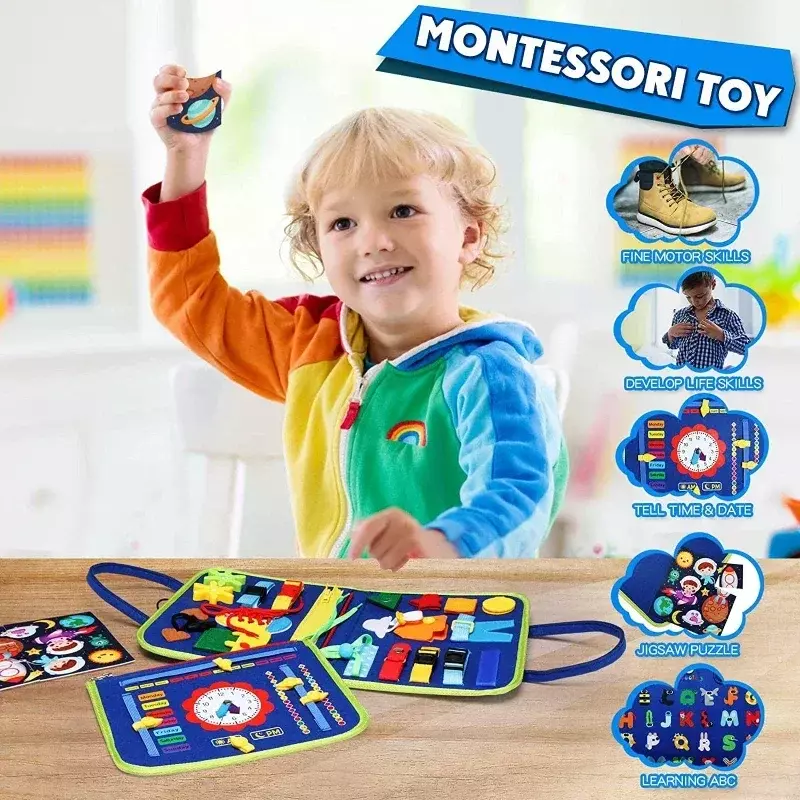 Papan sibuk mainan Montessori anak sensorik belajar prasekolah alat pendidikan mengikat koper kegiatan perjalanan keterampilan Motor