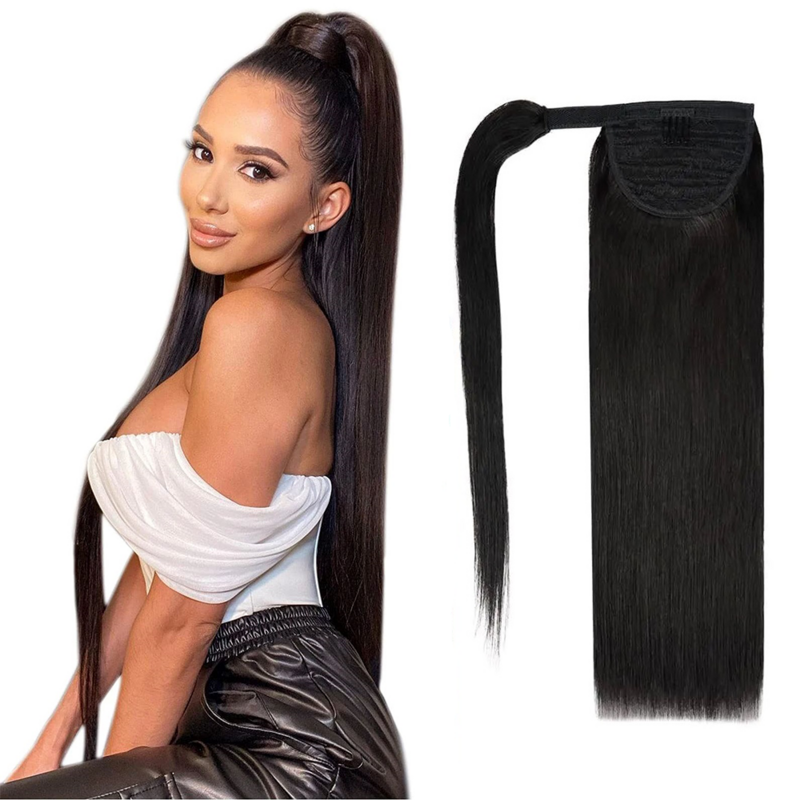 Ponytail Extensions 100% Remy Natural Human Hair Wrap Around Long Clip in Hair Extensions Straight One Piece Hairpiece