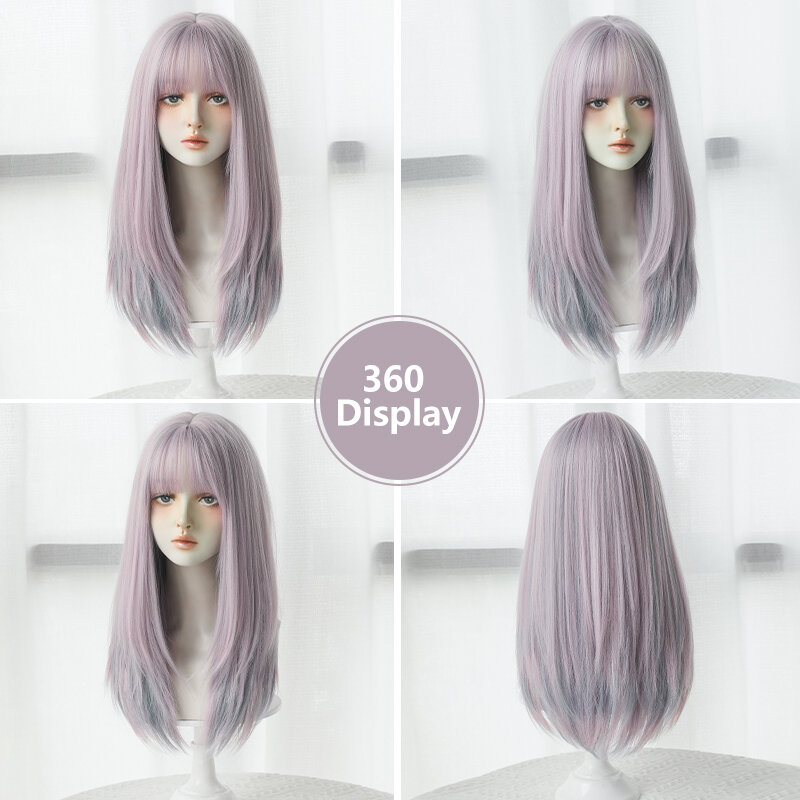 Wig Lolita 7JHH Wig sintetis panjang bahu Wig ungu muda dengan poni halus Wig Lavender berlapis kepadatan tinggi untuk wanita