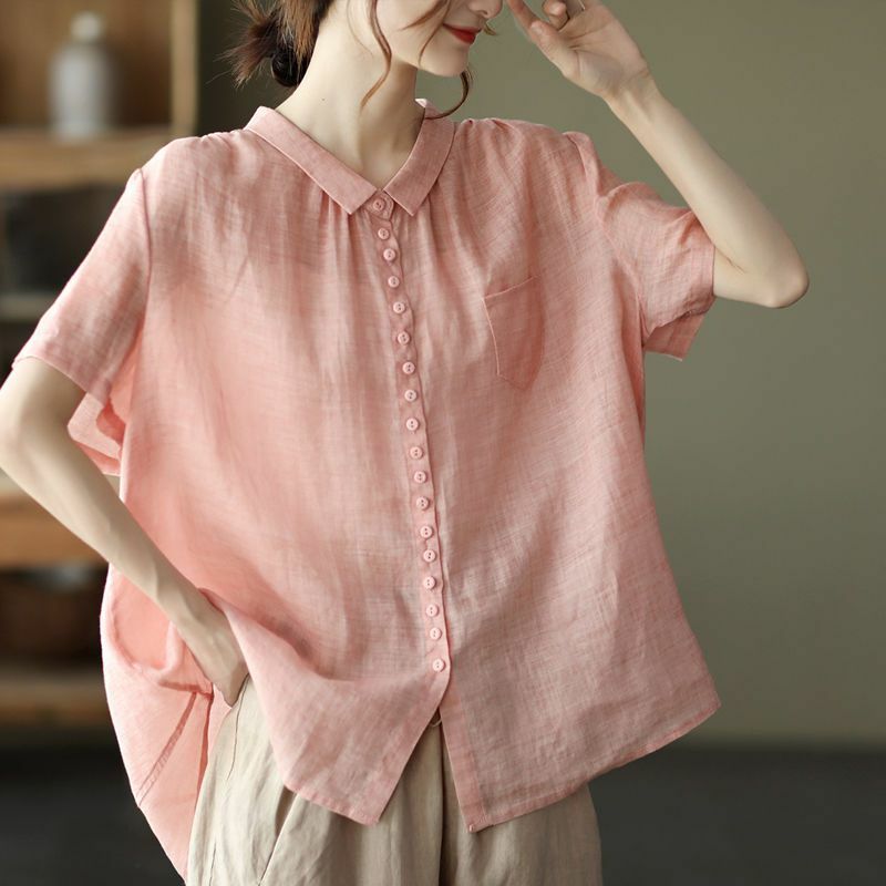 Blusa de manga curta feminina, lapela, bolsos de botões, monocromática, camisas casuais, roupa solta, tops coreanos, moda verão, 2024