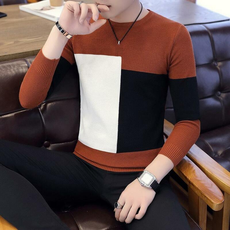 Men Casual Loose Fit Sweater Stylish Colorblock Men's Sweater Knitted Slim Fit Soft Warm Pullover for Fall/winter Lightweight