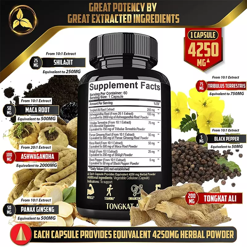 Tongkat 알리 뿌리 추출물, 에너지 및 건강한 근육, 오래 지속되는 다이어트 캡슐