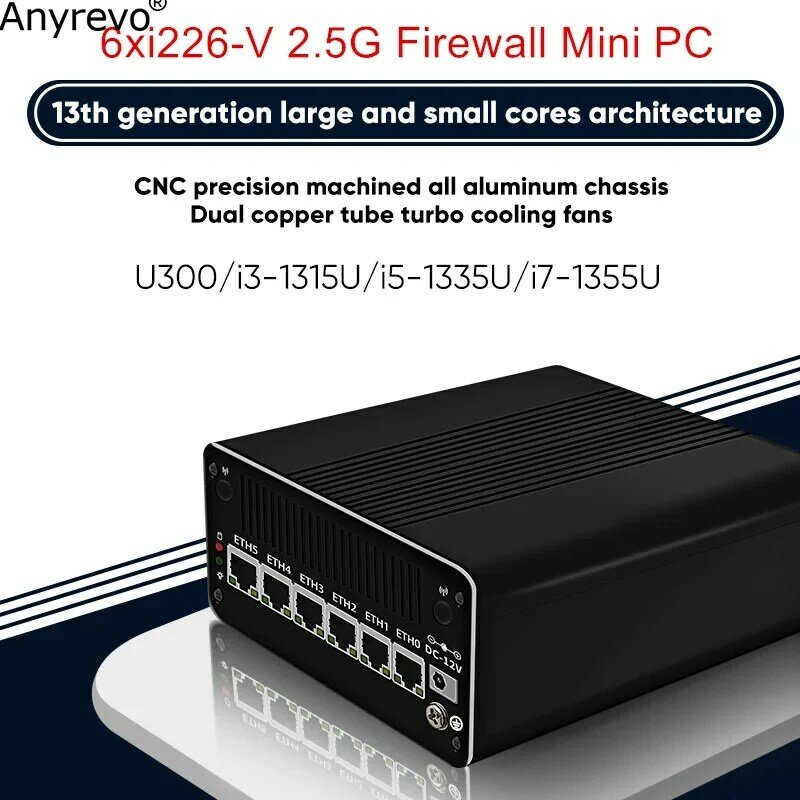 Mini PC pfSense Firewall Router, 6ª geração, 6x, i226-V, 2.5G, Intel i7 1355U, i5 1335U, i3 1315U, U300, 2 * NVMe, 2 * SATA
