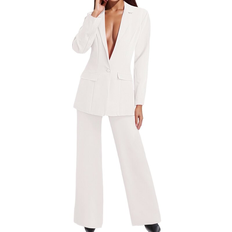 Blazer feminino de duas peças, jaqueta para senhoras, conjunto de calças com seios largos, roupa monocromática, roupa normal elegante, 2024
