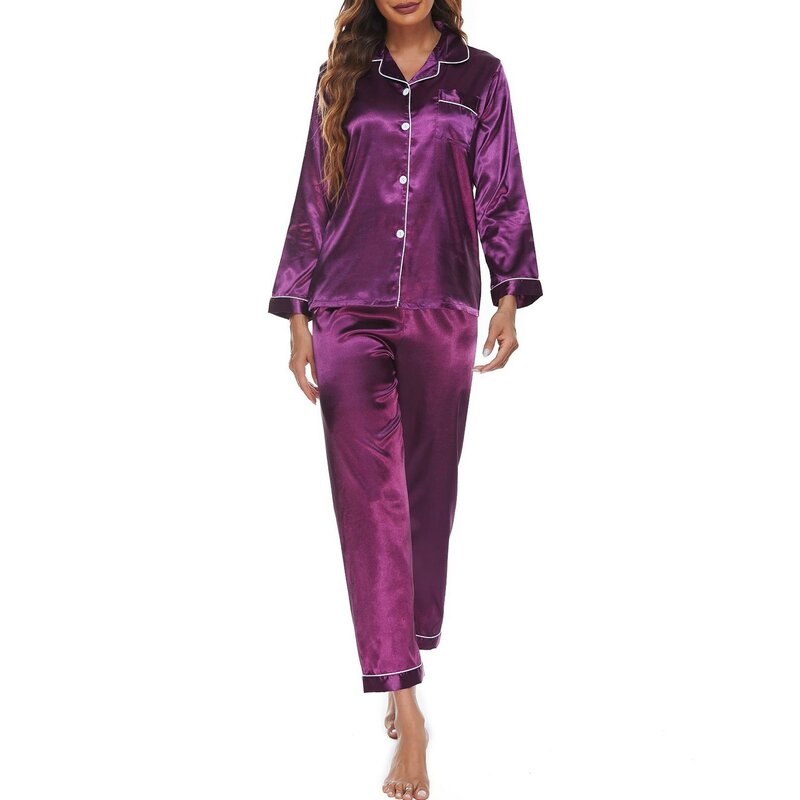 여성용 퓨어 컬러 심플 잠옷 세트, 새틴 부드럽고 편안한 라펠 셔츠, 긴 잠옷, 홈웨어, 투피스 의상