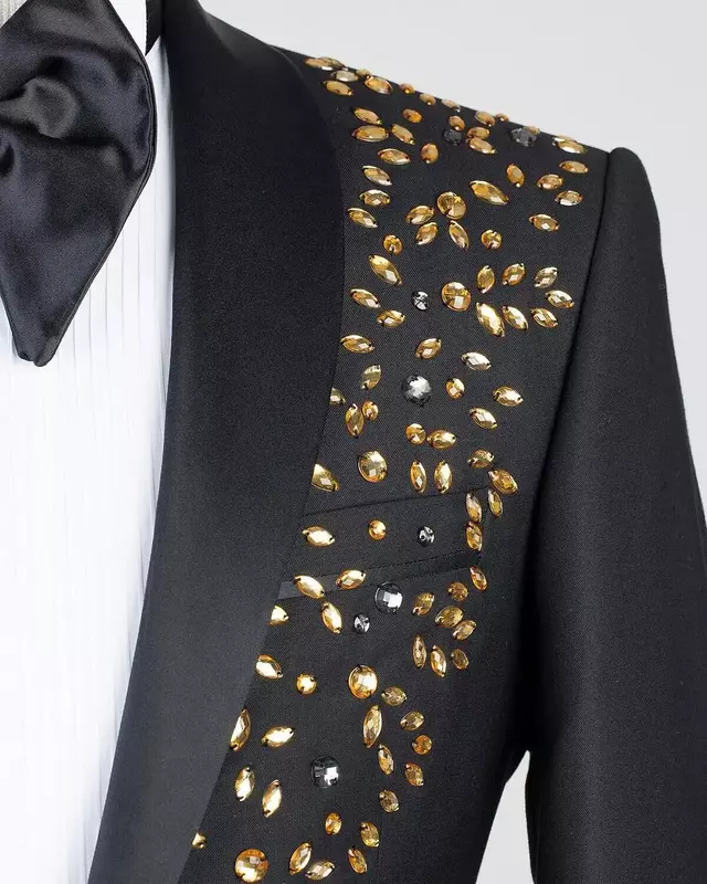 Crystals-Conjunto de 2 piezas para hombre, Blazer y pantalones negros, esmoquin de oficina para novio y boda, abrigo de botonadura única, chaqueta hecha a medida