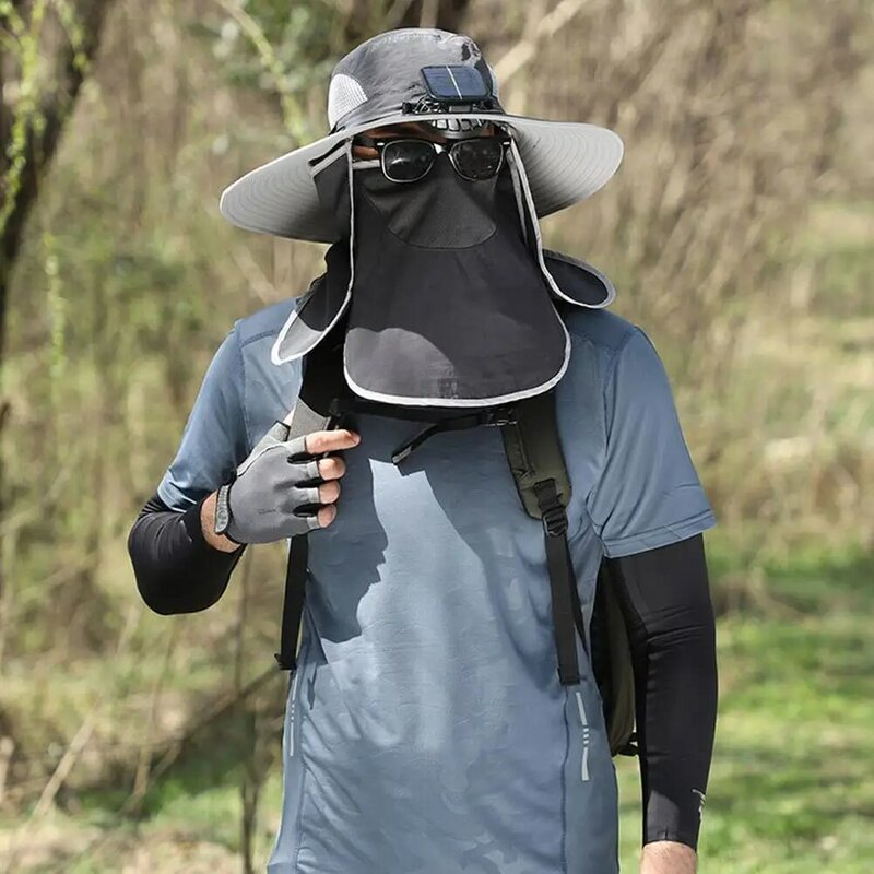 男性用つばの広い日よけ帽、取り外し可能なフェイスマスク、2つのソーラーファン、釣り帽子、単方向、屋外サンシェード