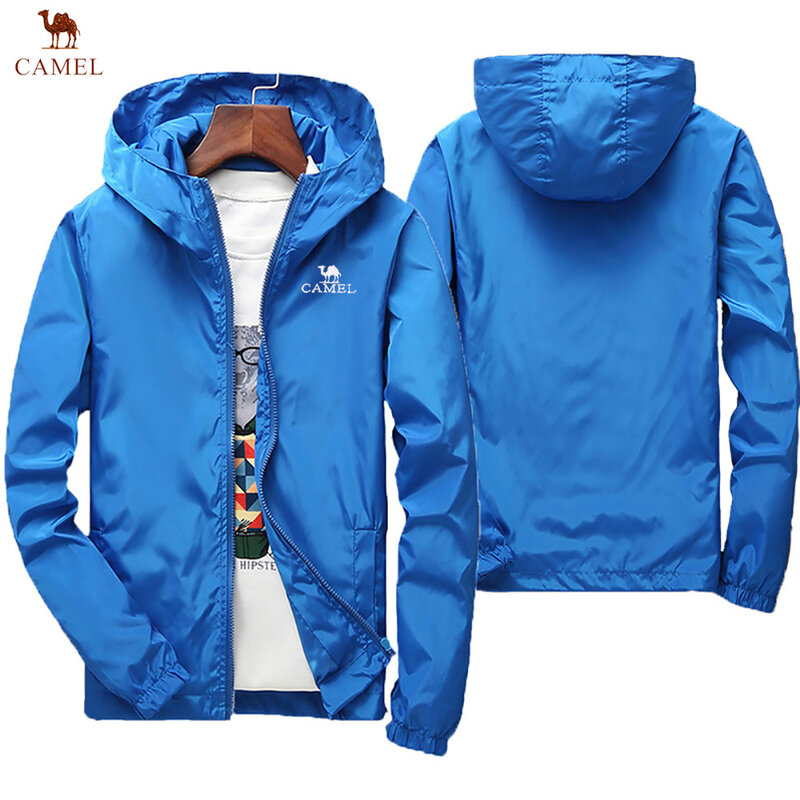 남성용 후드 자외선 차단 재킷, 느슨한 지퍼 방풍 캐주얼 재킷, 대형 밝은 색상, 카멜 자수, 야외 캠핑