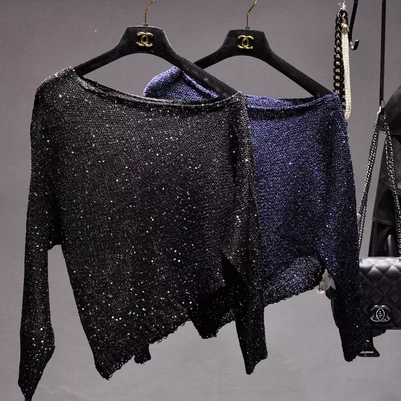 Nieregularny opadający na ramię wydrążony sweter dzianinowy jesienne ubrania dla kobiet 2021 seksowny estetyczny sweter z cekinami
