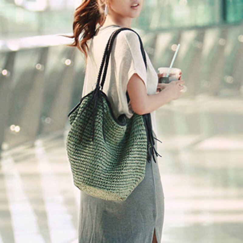 Плетеные соломенные сумки с кисточками для женщин, сумка на плечо Lrage, дорожная сумка из ротанга, большая сумка-тоут с Бали, сумка-шоппер, сумки, пляжные сумки, новинка 2024