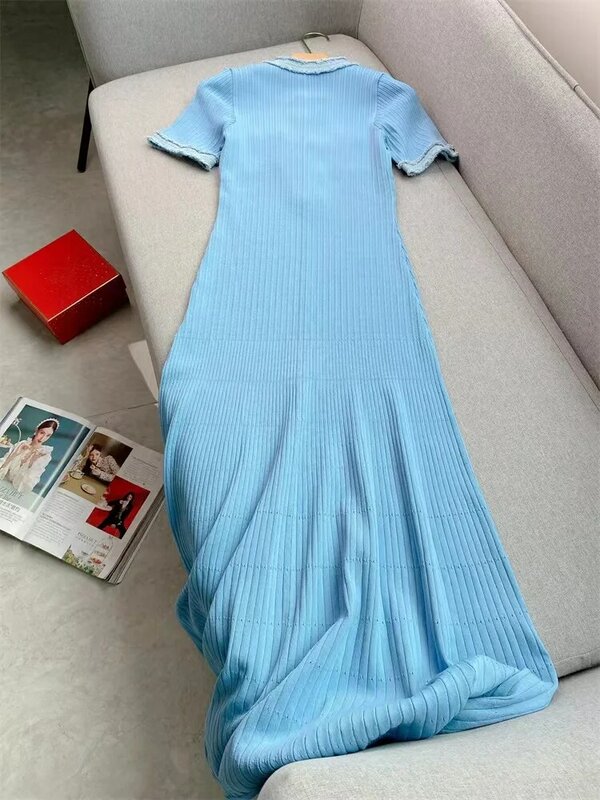 Женское длинное джинсовое платье, Элегантное трикотажное платье составного кроя на пуговицах с круглым вырезом и коротким рукавом, весна-лето 2024