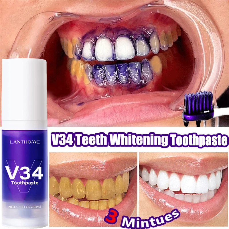 V34 Purple Whitening Toothpaste, Remoção de manchas dentárias Limpeza, Higiene Oral, Branqueamento Dental Tools, Fresh Breath Tooth Care, 30ml