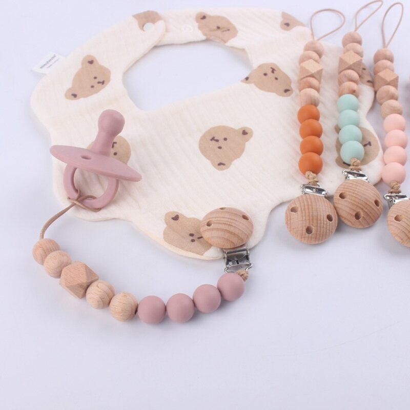 Wooden Nipple Clip Teething Bead Pacifier Anti-Lost Chain Soother Clip Baby Teether Toy Hanging Clip Nursing Accessories