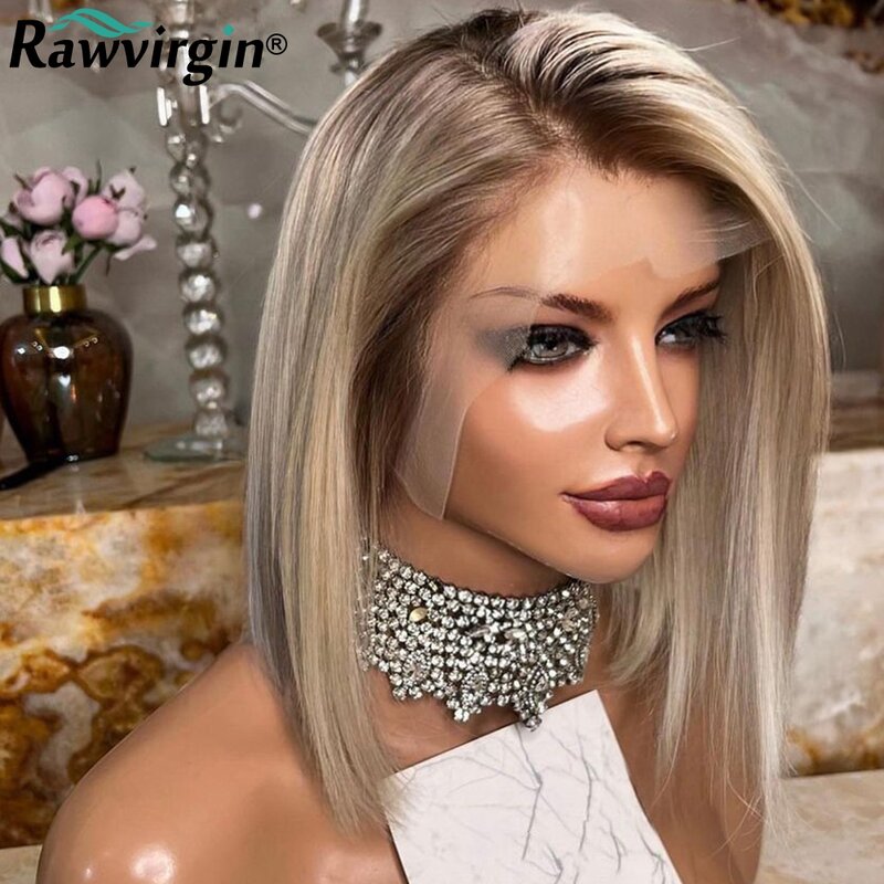 13x4 Ash Blonde Lace Front Human Hair Wig Ombre Short Bob Lace Closure Wig HD Transparent Lace Front Wigs For Women Prepluck