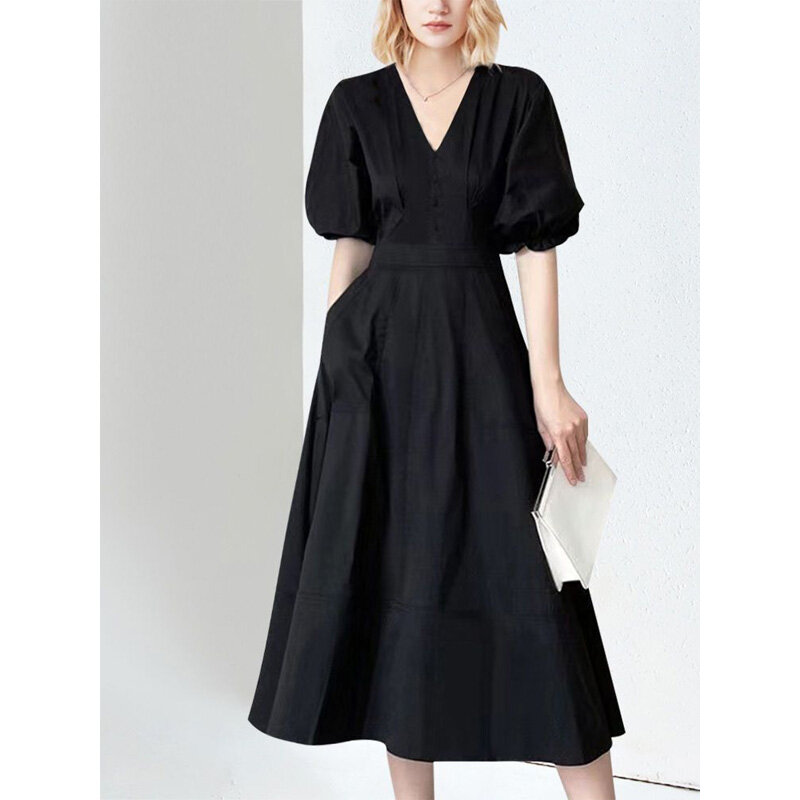 2023 Nova moda verão tendência pendulares simples v-neck cintura envolto bolha mangas Hepburn estilo cor sólida vestido das mulheres