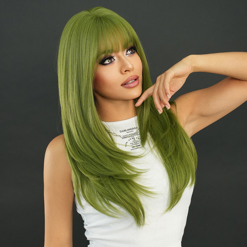 7JHH WIGS Costume Wigs Long Straight Green Wigs with Air Bangs High Layered High Density Synthetic Hair Wig Heat Resistant