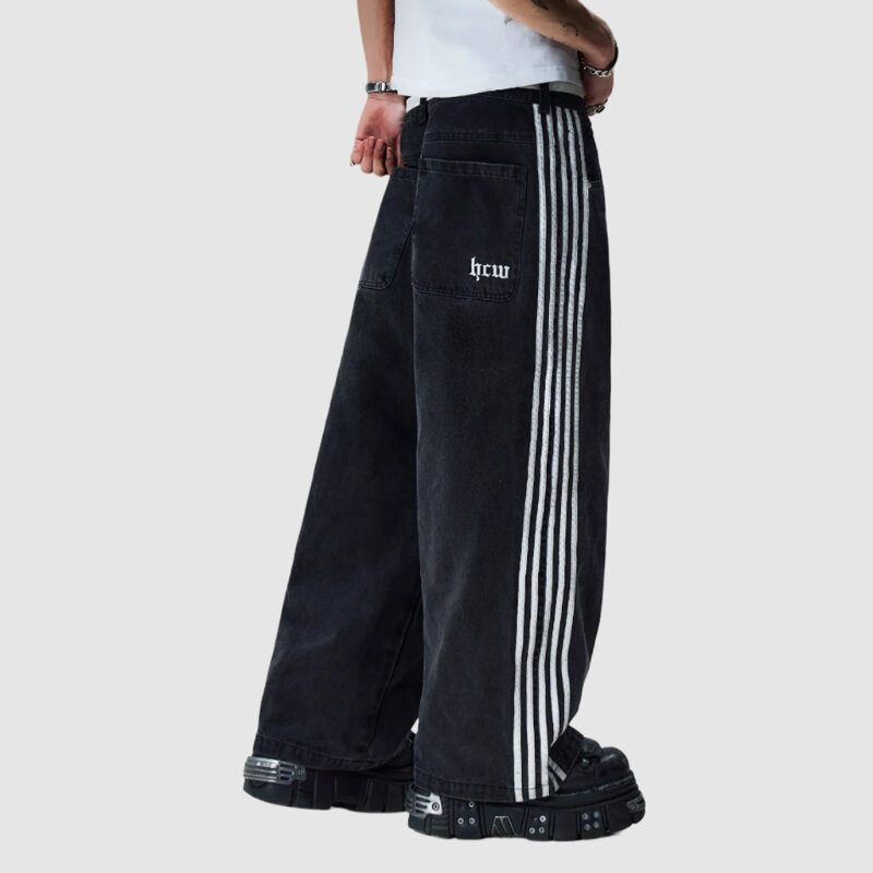 Y2K celana jins longgar pria wanita, celana Denim bergaris jalanan Harajuku, celana olahraga kasual Punk Rock Hip Hop, celana kaki lebar Solid ukuran besar