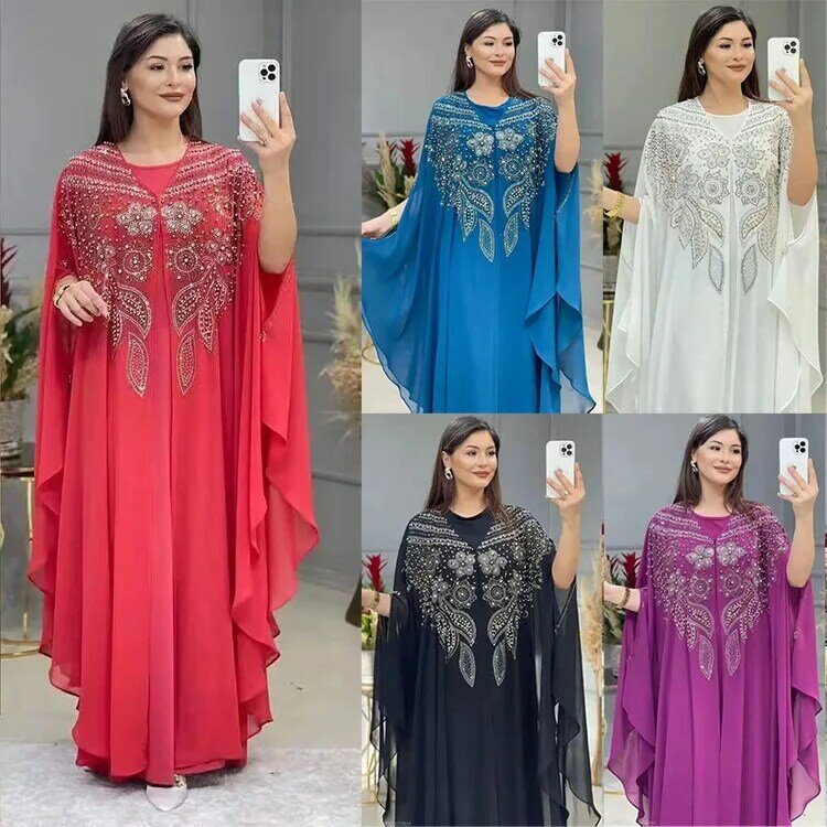 African Boubou 여성 무슬림 카프탄 아바야 원피스, 두바이 터키 쉬폰 파티 드레스, 우아한 이브닝 가운, 2 피스 복장, 2024 신상