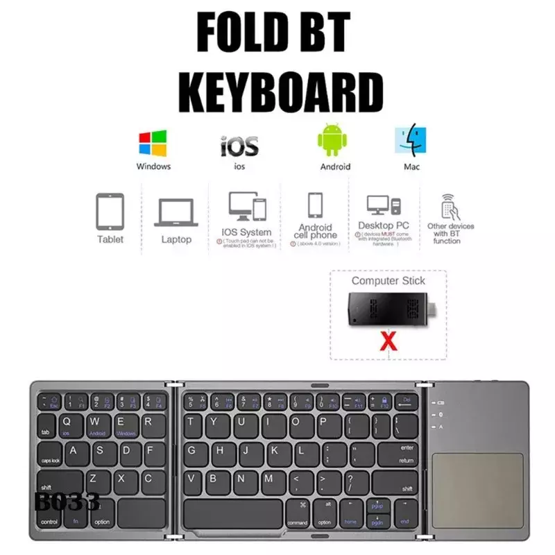 Mini clavier magnétique sans fil, Bluetooth, TouchSub, triple clavier pliant portable, Windows, Android, IOS, téléphone iPad, B033, 2024