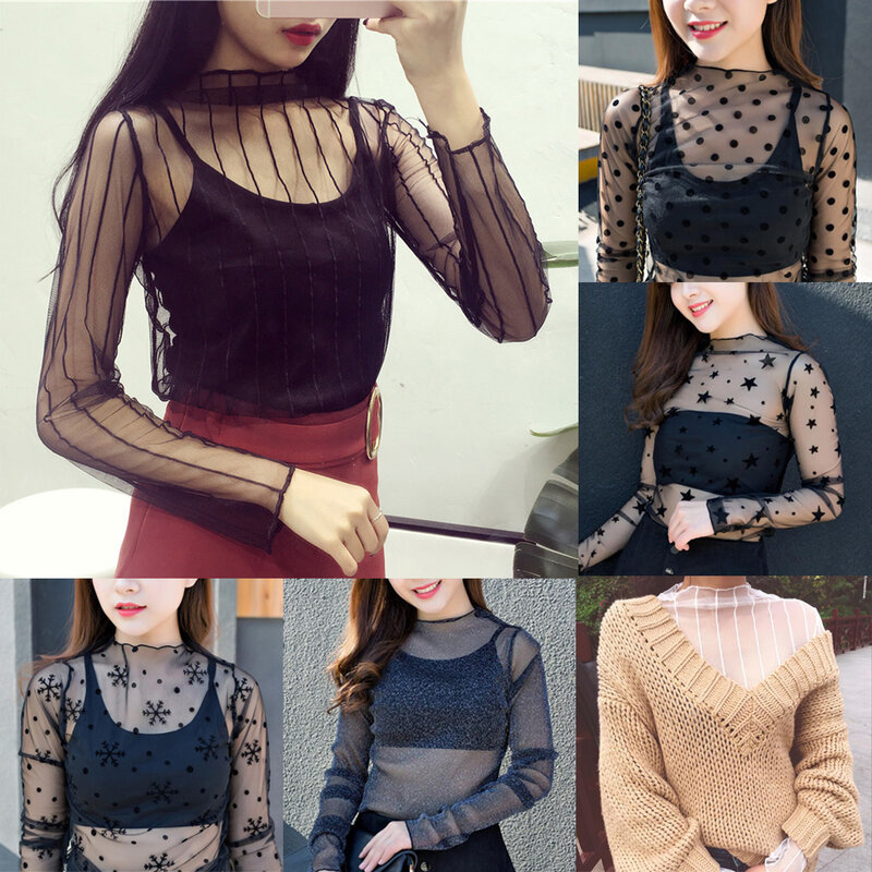 Women Fashion T-Shirts Versatile Tulle Mesh Long Sleeve Casual Printed Base Blouses Ladies Thin Tops Soft Comfortable Blouses