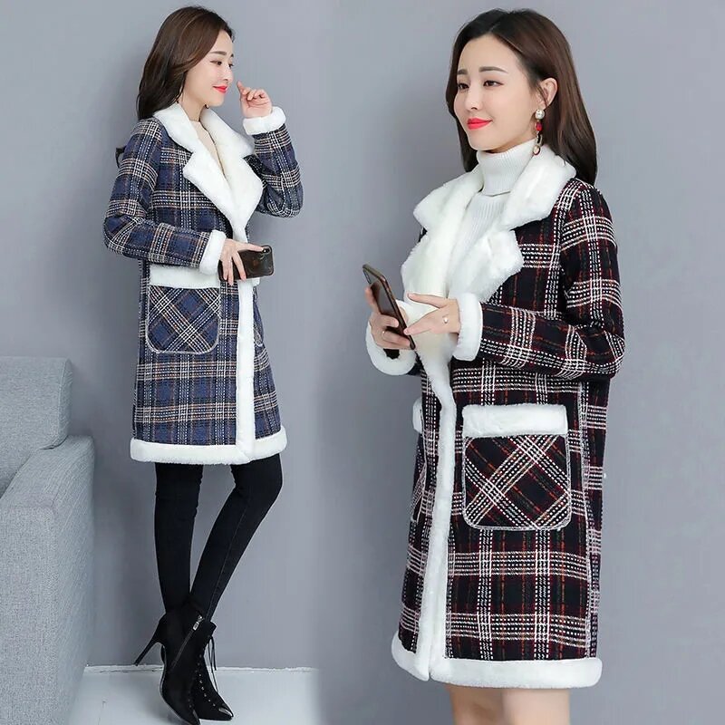 Теплая клетчатая куртка большого размера 4XL для женщин среднего возраста, бархатная Зимняя парка из ягненка, пальто, женское плюшевое пальто с хлопковой подкладкой