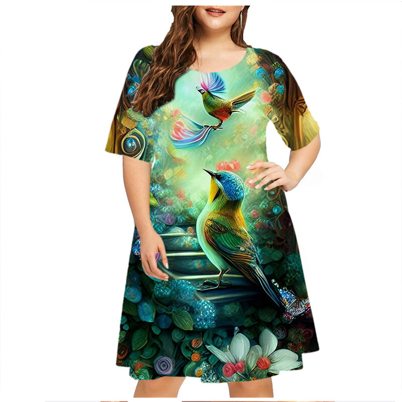 Robe à manches courtes et col rond pour femmes, vêtements décontractés, grande taille, imprimé floral, motif d'oiseaux, été, 2023