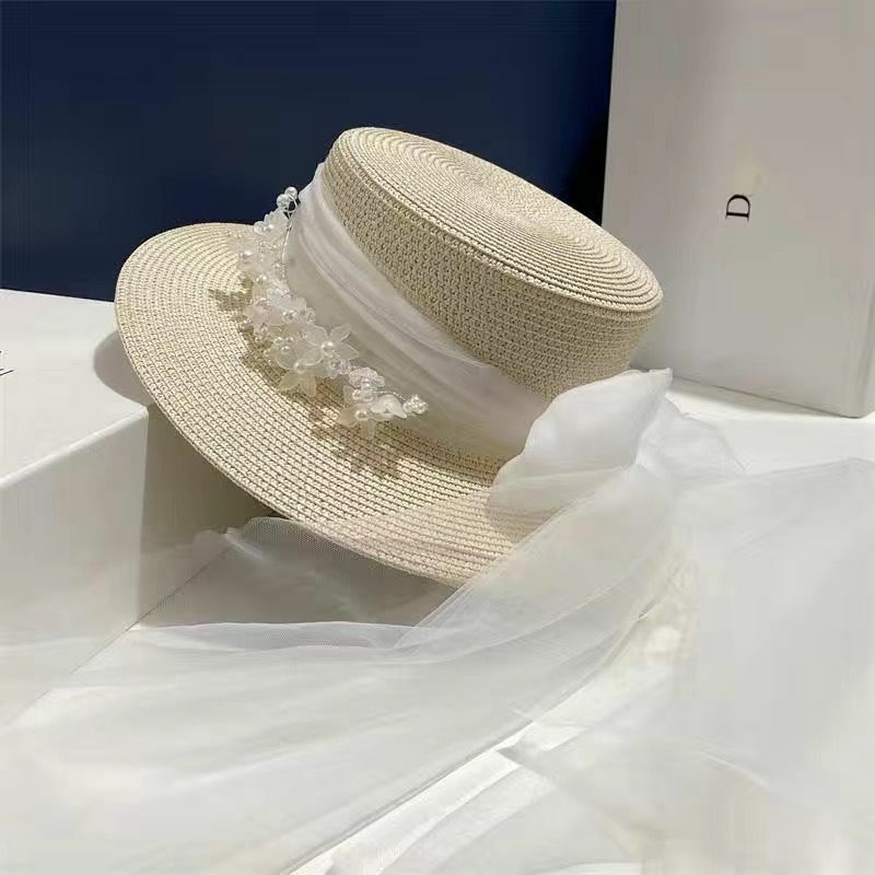 New elegant Mom lace hat Socialite Ladies Summer Outdoor Vacation Flower streamer flat top hat Beach hat