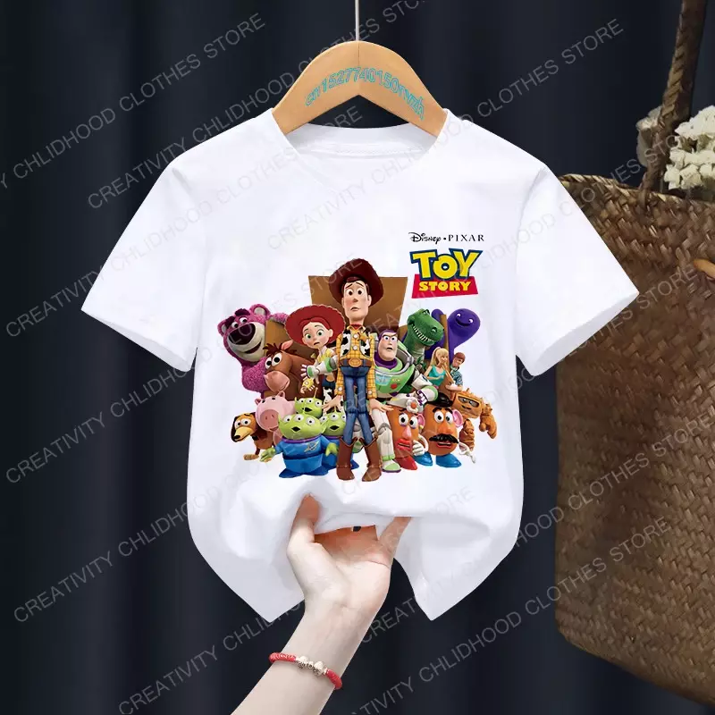 Toy Story T-shirt dla dzieci Woody Buzz Lightyear ubrania Kawaii z krótkim rękawem Anime Cartoon dla dzieci chłopcy dziewczęta T-shirt koszulka Casual Top
