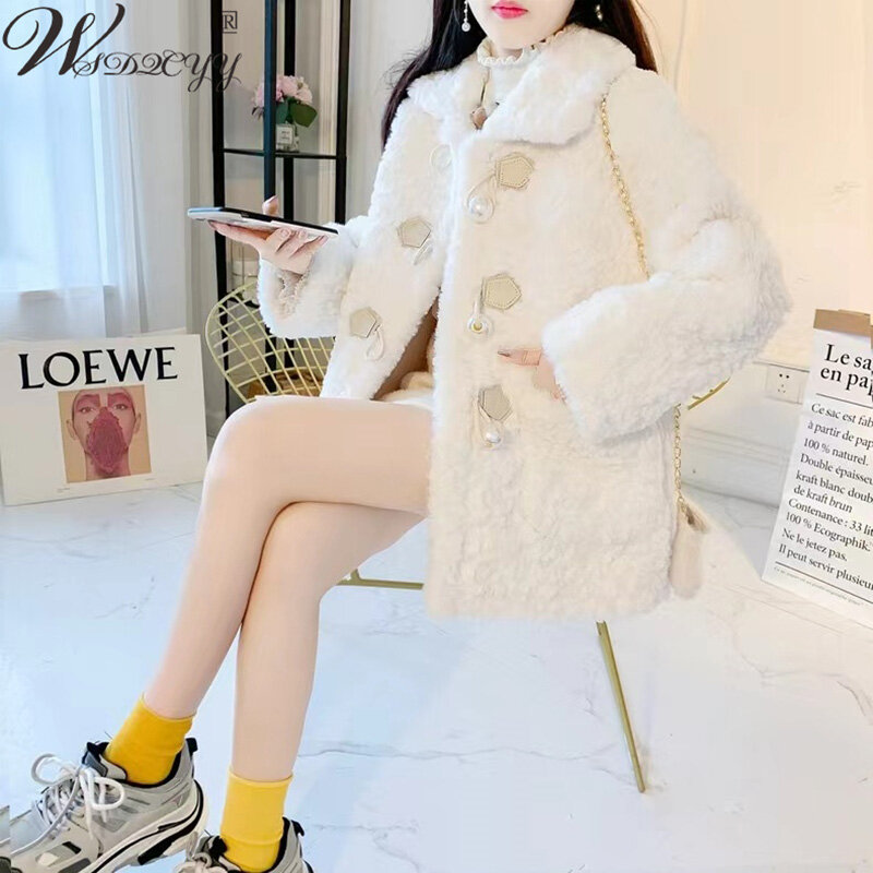 Jaqueta de pele sintética de lã de cordeiro feminina, roupa curta de pelúcia solta, blusa coreana, gola virada para baixo, peito único, casaco quente, inverno
