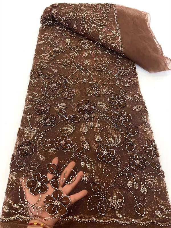 Lujosa tela de encaje nigeriana hecha a mano, bordado de cuentas de lentejuelas de alta calidad, tela de encaje francés africano para vestido, 2024