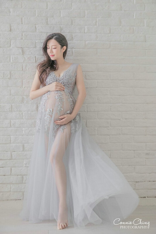 Grijs Applicaties Zwangerschap Jurk Voor Fotoshoot Bloemen Moederschap Fotografie Props Formele Party Wedding Kleding Moederschap Gown