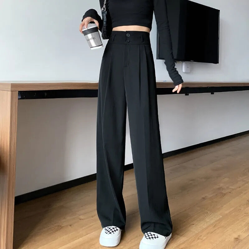 Black Suit Calças Para Mulheres Coreano Moda 2 Botões Calças Perna Larga Streetwear Vintage Cintura Alta Escritório Senhoras Calças de Trabalho Novo