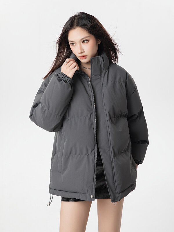 Jaket wanita Korea pendek, jaket wanita Korea pendek tebal longgar kerah berdiri katun mantel roti ukuran besar musim dingin 2023